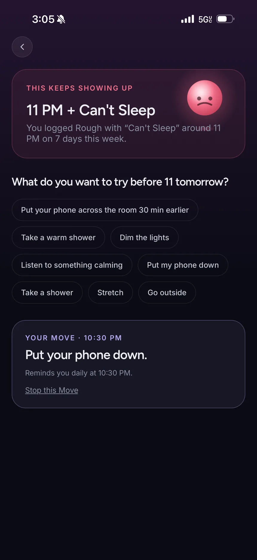An insight card: 11 PM plus Can't Sleep showed up 7 days this week, with small Moves to try, like putting the phone down.