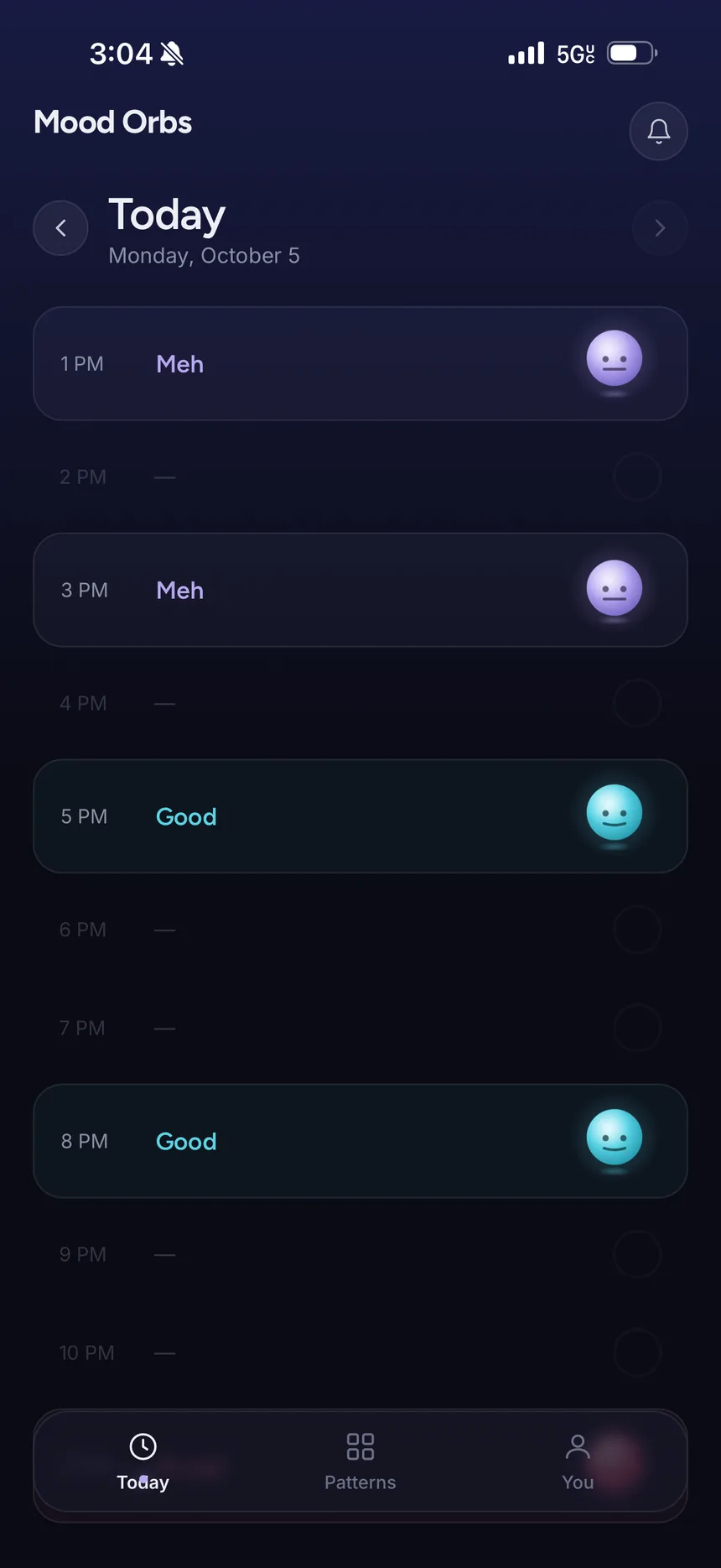 The Mood Orbs Today screen: an hourly timeline with Meh and Good orbs logged at 1, 3, 5 and 8 PM.