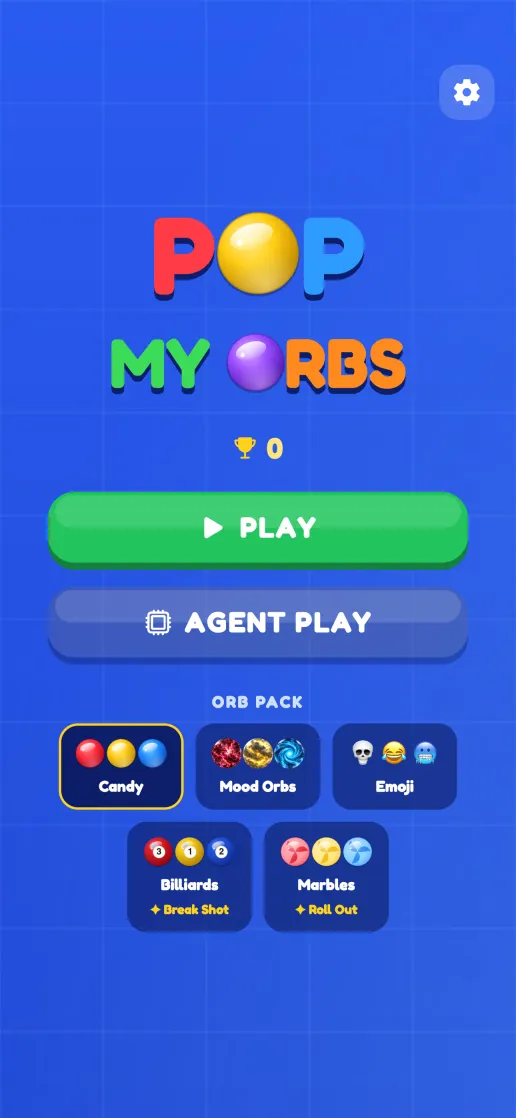 The Pop My Orbs home screen with Play, Agent Play and five Orb packs.