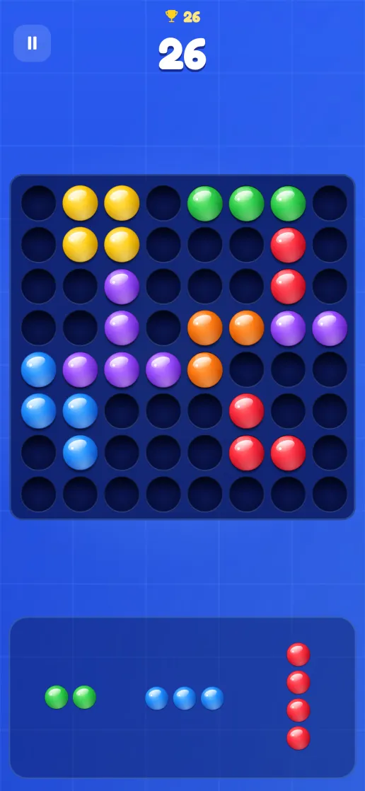 A Pop My Orbs game: an 8 by 8 board of red, yellow, green, blue, purple and orange Orbs, with three pieces waiting below.