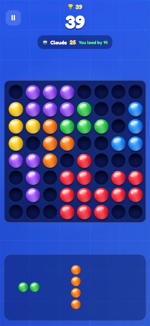 A 1v1 game against an AI agent named Claude. A bar under the score shows the agent's live score and says You lead by 14.